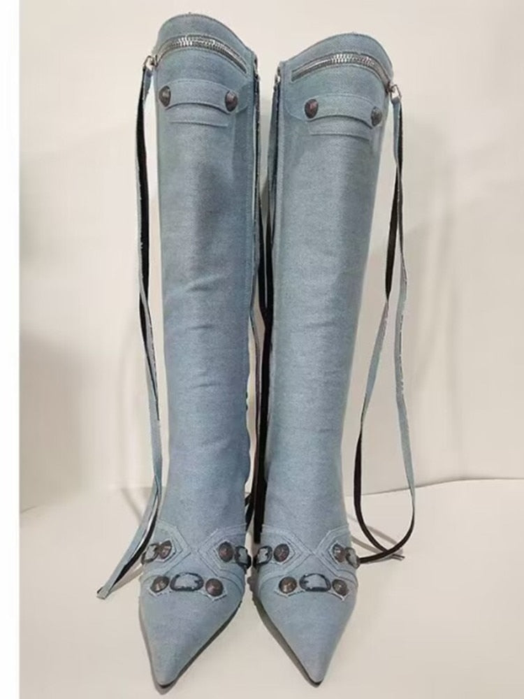 New Women's Boots Pointed Toe High-heeled Boots Paris Fashion Knee-high Boots European and American Party Boots baby blue