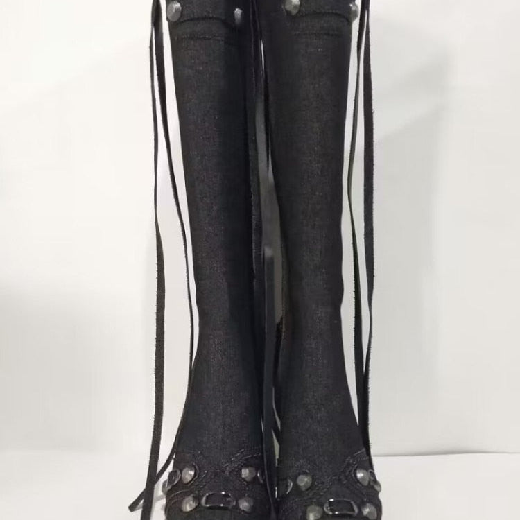 New Women's Boots Pointed Toe High-heeled Boots Paris Fashion Knee-high Boots European and American Party Boots Black Jeans