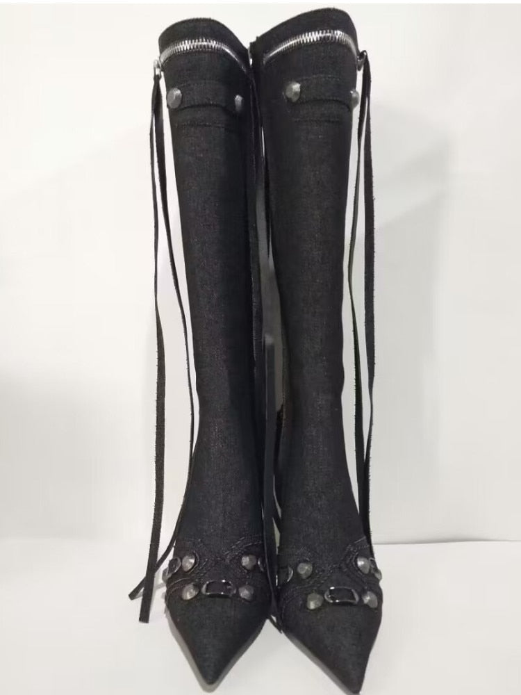 New Women's Boots Pointed Toe High-heeled Boots Paris Fashion Knee-high Boots European and American Party Boots Black Jeans
