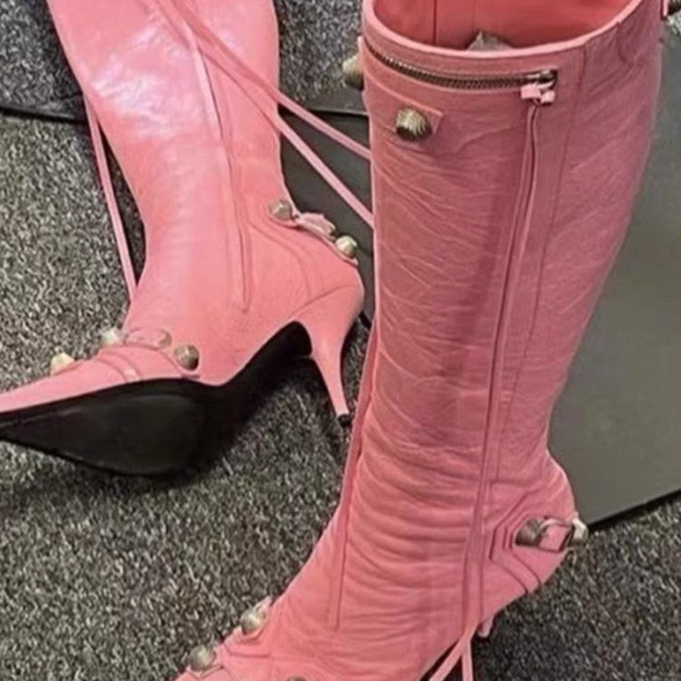 New Women's Boots Pointed Toe High-heeled Boots Paris Fashion Knee-high Boots European and American Party Boots pink
