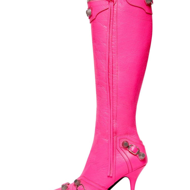 New Women's Boots Pointed Toe High-heeled Boots Paris Fashion Knee-high Boots European and American Party Boots rose red