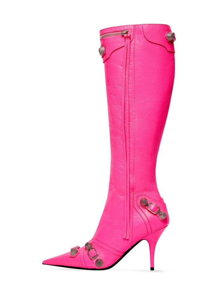 New Women's Boots Pointed Toe High-heeled Boots Paris Fashion Knee-high Boots European and American Party Boots rose red