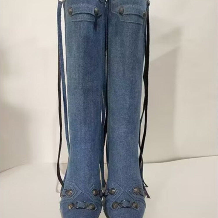 New Women's Boots Pointed Toe High-heeled Boots Paris Fashion Knee-high Boots European and American Party Boots dark blue