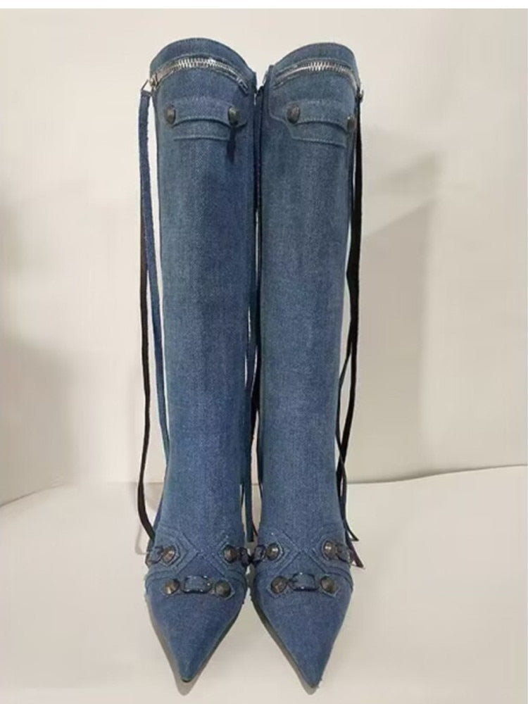 New Women's Boots Pointed Toe High-heeled Boots Paris Fashion Knee-high Boots European and American Party Boots dark blue