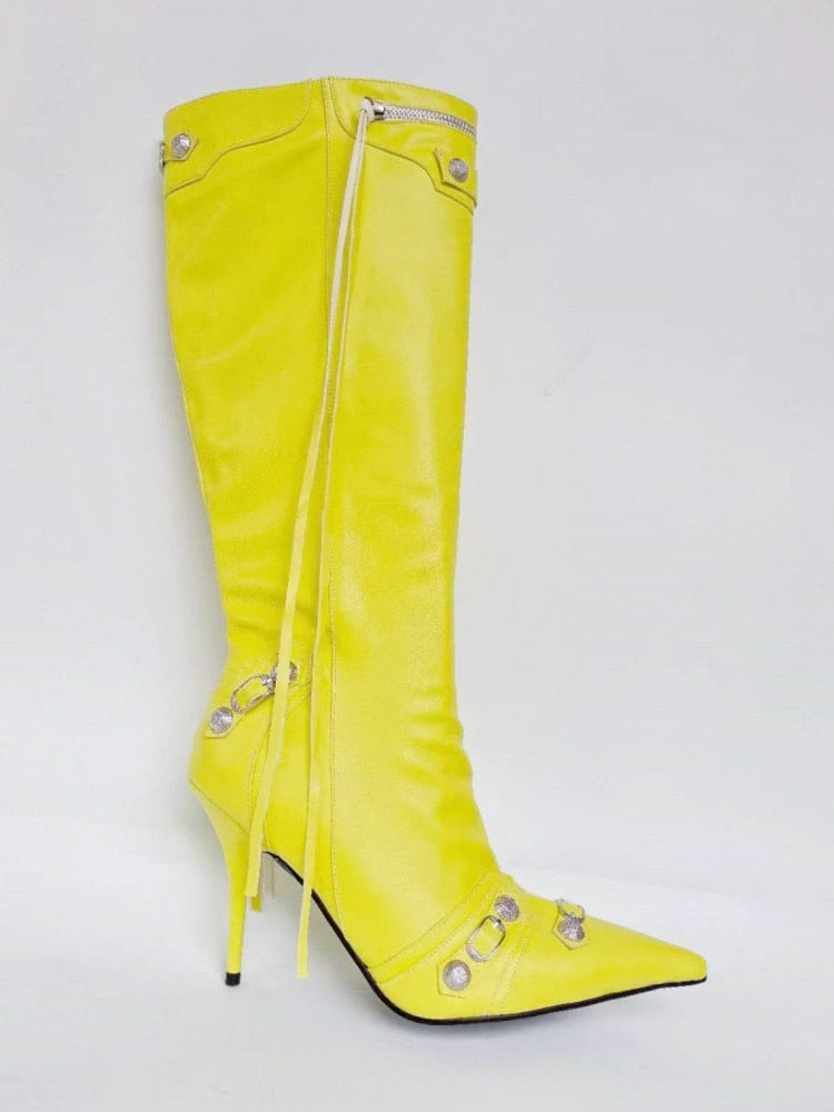 New Women's Boots Pointed Toe High-heeled Boots Paris Fashion Knee-high Boots European and American Party Boots