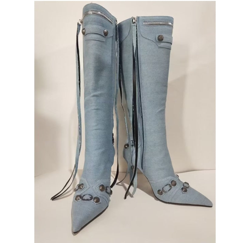 New Women's Boots Pointed Toe High-heeled Boots Paris Fashion Knee-high Boots European and American Party Boots