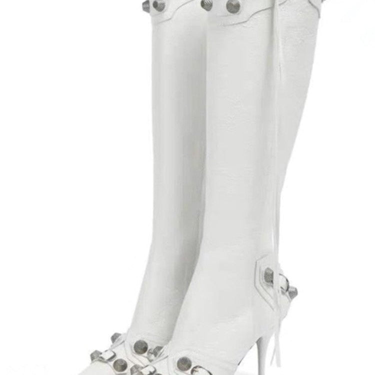 New Women's Boots Pointed Toe High-heeled Boots Paris Fashion Knee-high Boots European and American Party Boots White
