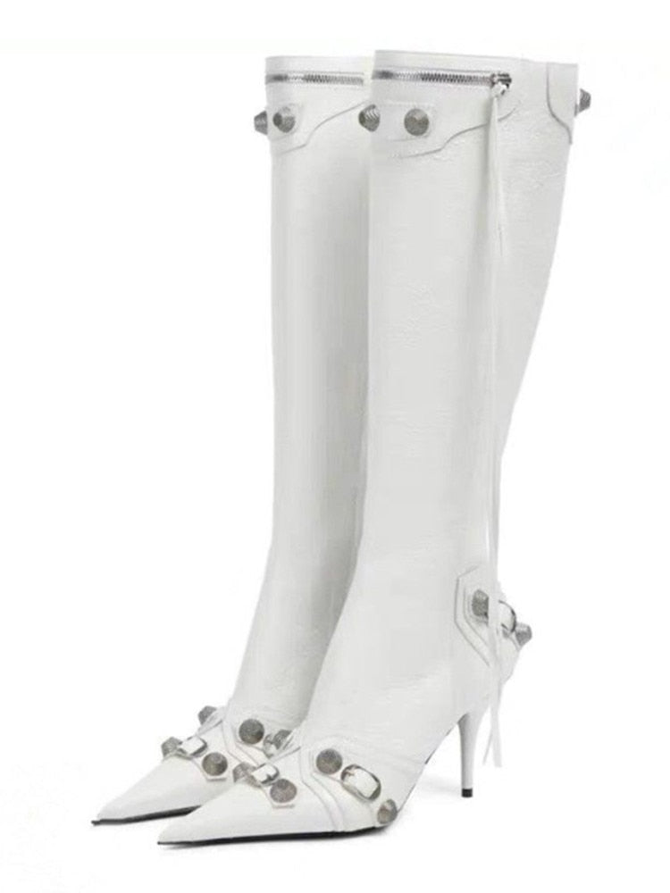 New Women's Boots Pointed Toe High-heeled Boots Paris Fashion Knee-high Boots European and American Party Boots White