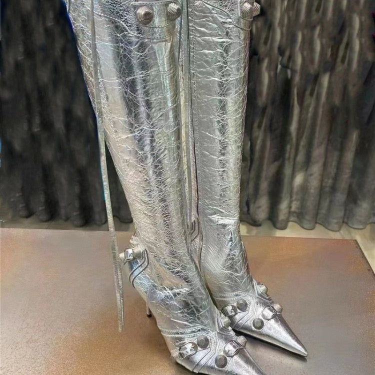 New Women's Boots Pointed Toe High-heeled Boots Paris Fashion Knee-high Boots European and American Party Boots silvery