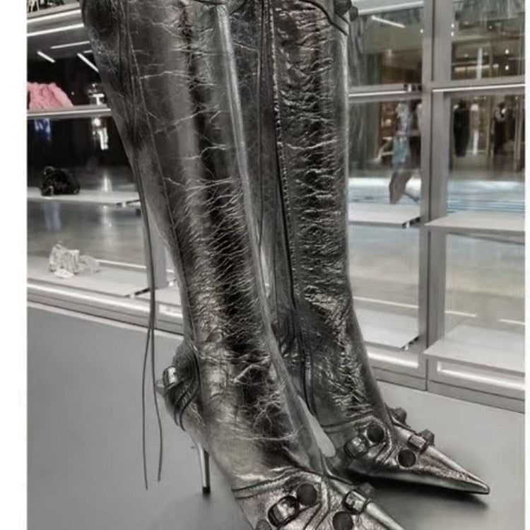 New Women's Boots Pointed Toe High-heeled Boots Paris Fashion Knee-high Boots European and American Party Boots Gun color