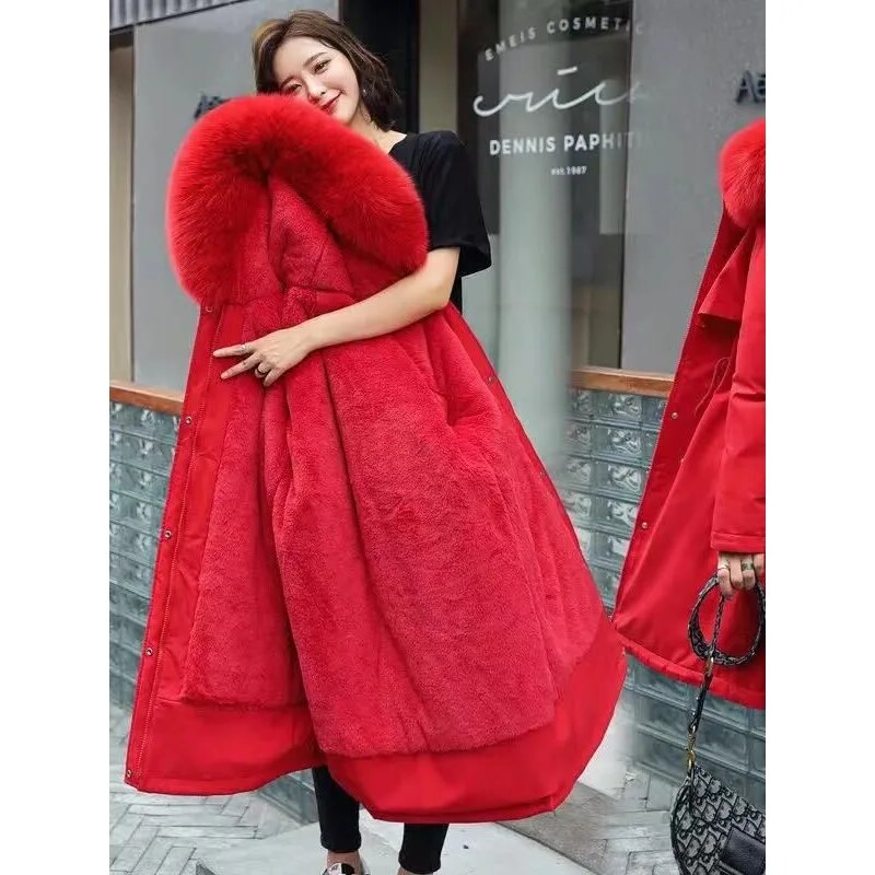 New Women's Mid length Jacket Coat Women's Fake Fur Collar Parker Coat Women's Slim Fit Cotton Pad Jacket M-6XL Winter Jacket