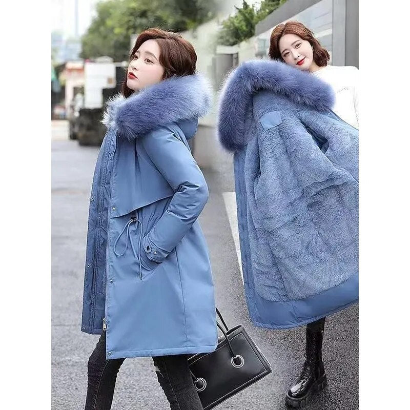 New Women's Mid length Jacket Coat Women's Fake Fur Collar Parker Coat Women's Slim Fit Cotton Pad Jacket M-6XL Winter Jacket AMAIO