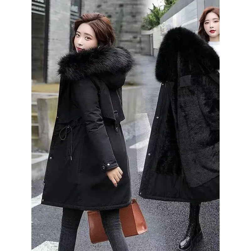 New Women's Mid length Jacket Coat Women's Fake Fur Collar Parker Coat Women's Slim Fit Cotton Pad Jacket M-6XL Winter Jacket