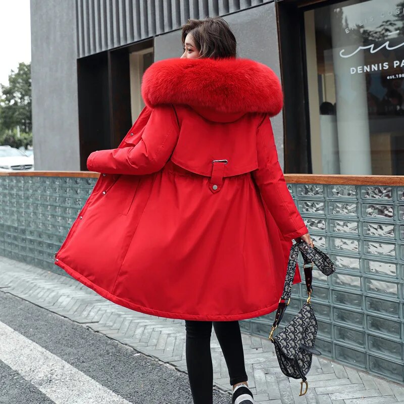 New Women's Mid length Jacket Coat Women's Fake Fur Collar Parker Coat Women's Slim Fit Cotton Pad Jacket M-6XL Winter Jacket Red