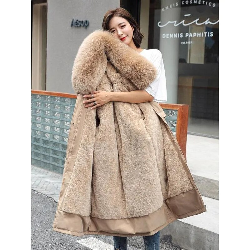 New Women's Mid length Jacket Coat Women's Fake Fur Collar Parker Coat Women's Slim Fit Cotton Pad Jacket M-6XL Winter Jacket