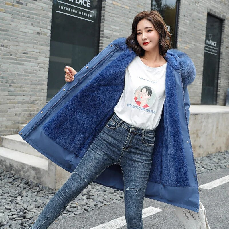 New Women's Mid length Jacket Coat Women's Fake Fur Collar Parker Coat Women's Slim Fit Cotton Pad Jacket M-6XL Winter Jacket Blue