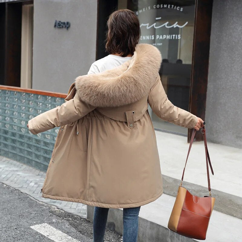 New Women's Mid length Jacket Coat Women's Fake Fur Collar Parker Coat Women's Slim Fit Cotton Pad Jacket M-6XL Winter Jacket Khaki