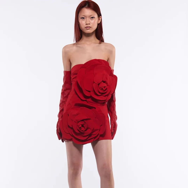 New sexy burgundy breast Breast wrapping mini dress, women's slim fitting decorative three-dimensional flower party dress