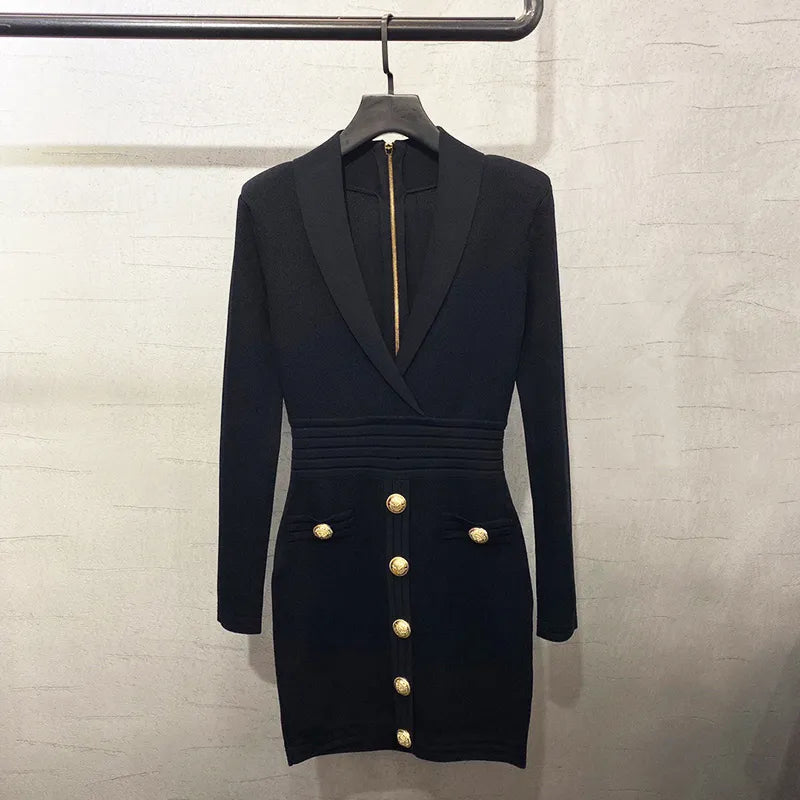 Newest 2024 Fall Winter Designer Dress Women's Long Sleeve Notched Collar Knit Dress