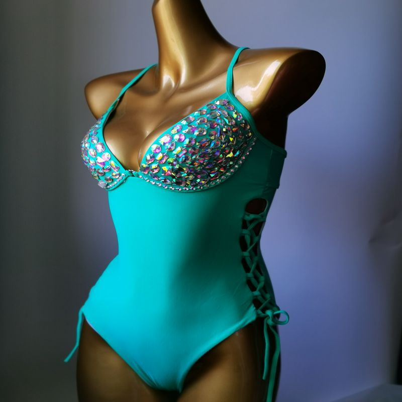 Newest Luxury Rhinestone Women's Swimsuit Crystal Diamond One-Piece Swimwear Gathered Push Up Sexy Monokini
