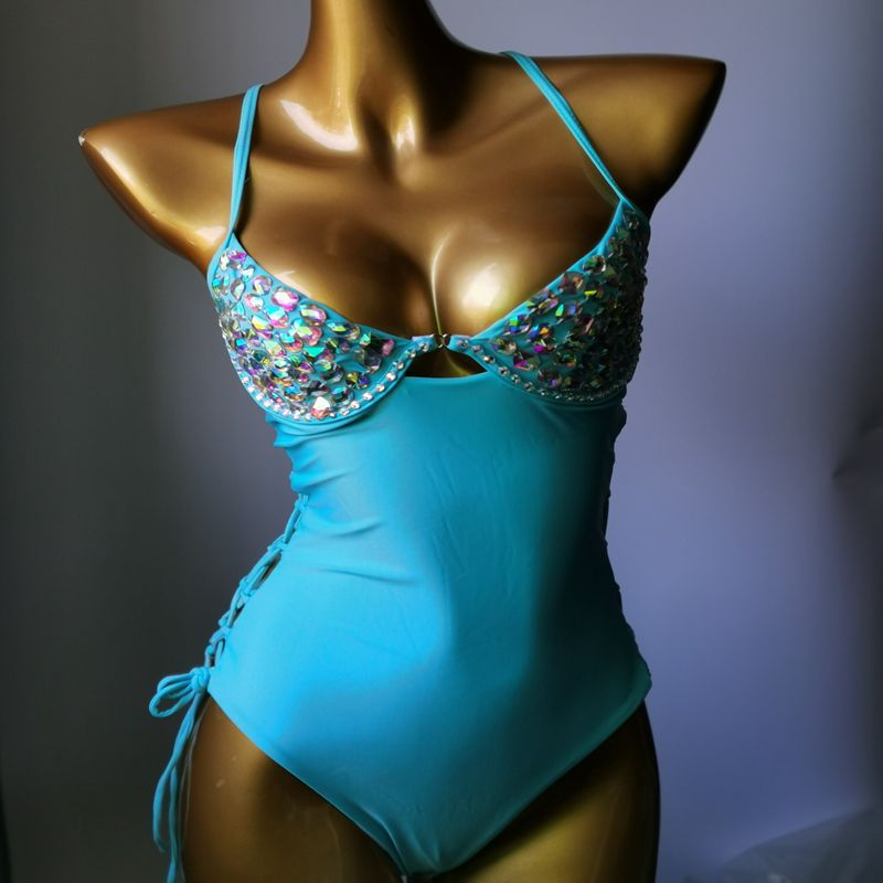Newest Luxury Rhinestone Women's Swimsuit Crystal Diamond One-Piece Swimwear Gathered Push Up Sexy Monokini