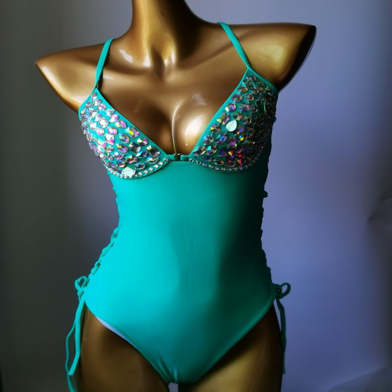 Newest Luxury Rhinestone Women's Swimsuit Crystal Diamond One-Piece Swimwear Gathered Push Up Sexy Monokini Light green