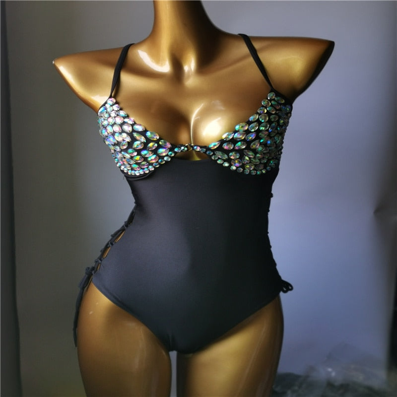 Newest Luxury Rhinestone Women's Swimsuit Crystal Diamond One-Piece Swimwear Gathered Push Up Sexy Monokini AMAIO