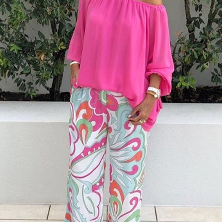 Newfashion One-shoulder Loose Long Sleeved T Shirt Set Women's Spring Autumn Leisure Printed Wide Leg Trousers + Shirt Two Piece Pink