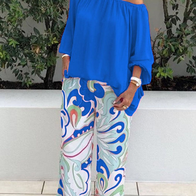Newfashion One-shoulder Loose Long Sleeved T Shirt Set Women's Spring Autumn Leisure Printed Wide Leg Trousers + Shirt Two Piece deep blue