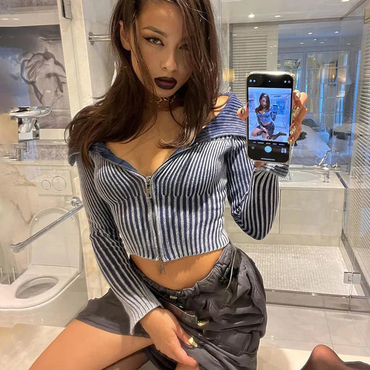 Nibber Autumn Winter Knit Contrast Color Sweater Women warm Fashion Lapel Slim Top Long-sleeved T-shirt Female Zipper Cardigans