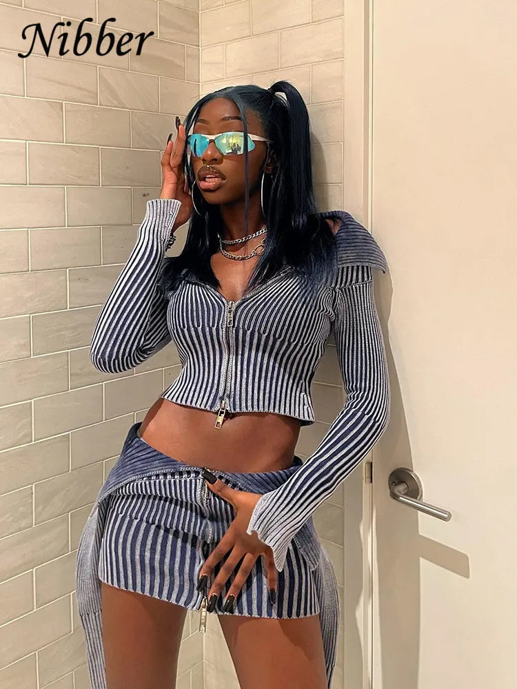 Nibber Autumn Winter Knit Contrast Color Sweater Women warm Fashion Lapel Slim Top Long-sleeved T-shirt Female Zipper Cardigans Blue