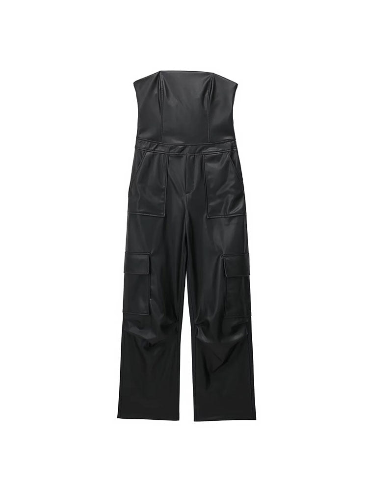 Nlzgmsj TRAF Female Jumpsuit With Pockets Long Jumpsuit Woman 2024 Spring Summer Sleeveless Cargo Jumpsuits For Women Outfit pu