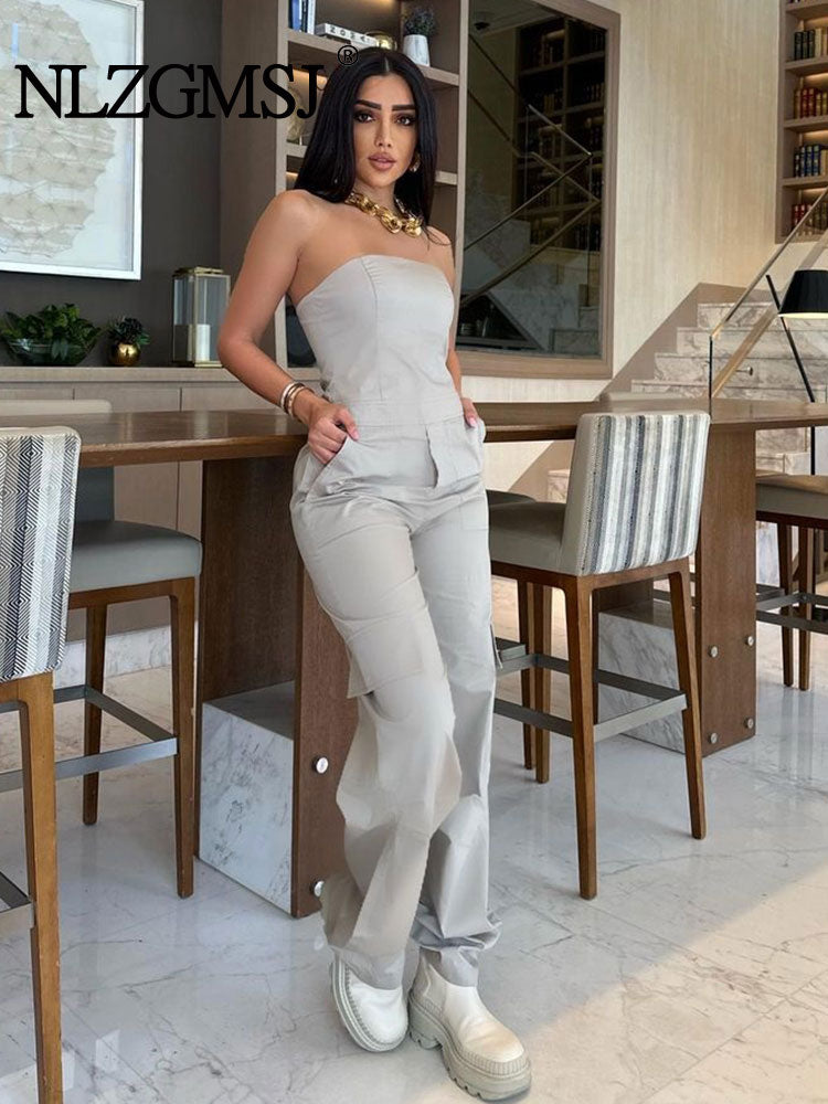 Nlzgmsj TRAF Female Jumpsuit With Pockets Long Jumpsuit Woman 2024 Spring Summer Sleeveless Cargo Jumpsuits For Women Outfit