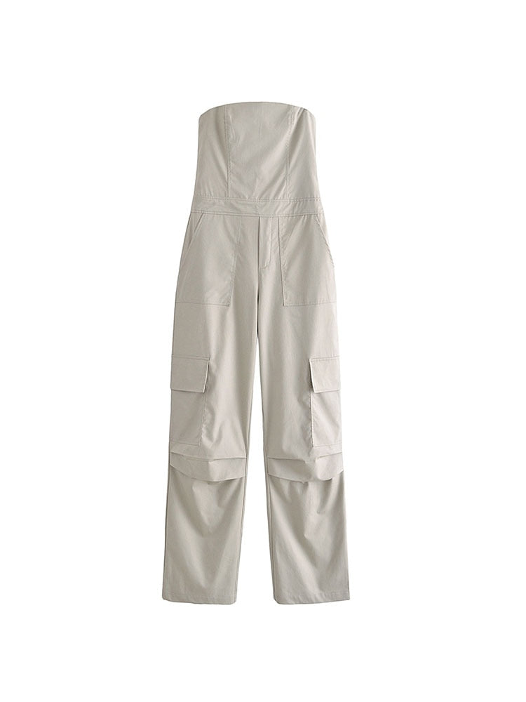 Nlzgmsj TRAF Female Jumpsuit With Pockets Long Jumpsuit Woman 2024 Spring Summer Sleeveless Cargo Jumpsuits For Women Outfit huise