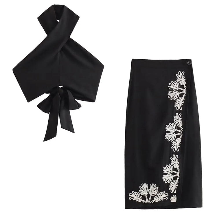 Nlzgmsj TRAF Woman 2 Pieces Midi Skirts Sets 2024 Summer Women Suit Tops Embroider Skirts Set Womens Outfits set