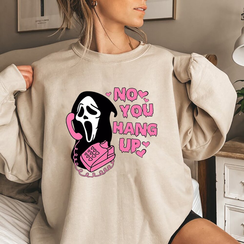No You Hang Up Crewneck Sweatshirt Retro Scream Shirt Funny Horror Scream Sweater Horror Movie Halloween Tshirts Halloween Gift