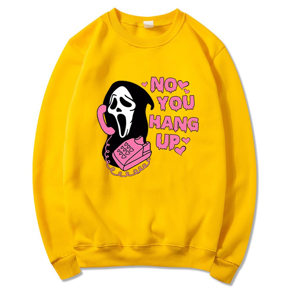 No You Hang Up Crewneck Sweatshirt Retro Scream Shirt Funny Horror Scream Sweater Horror Movie Halloween Tshirts Halloween Gift Yellow