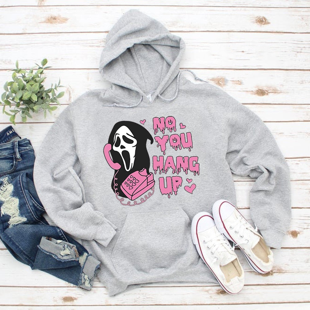 No You Hang Up Sweatshirt Ghost Face Valentine Hoodie Halloween Funny Pullover Hoodies Gray