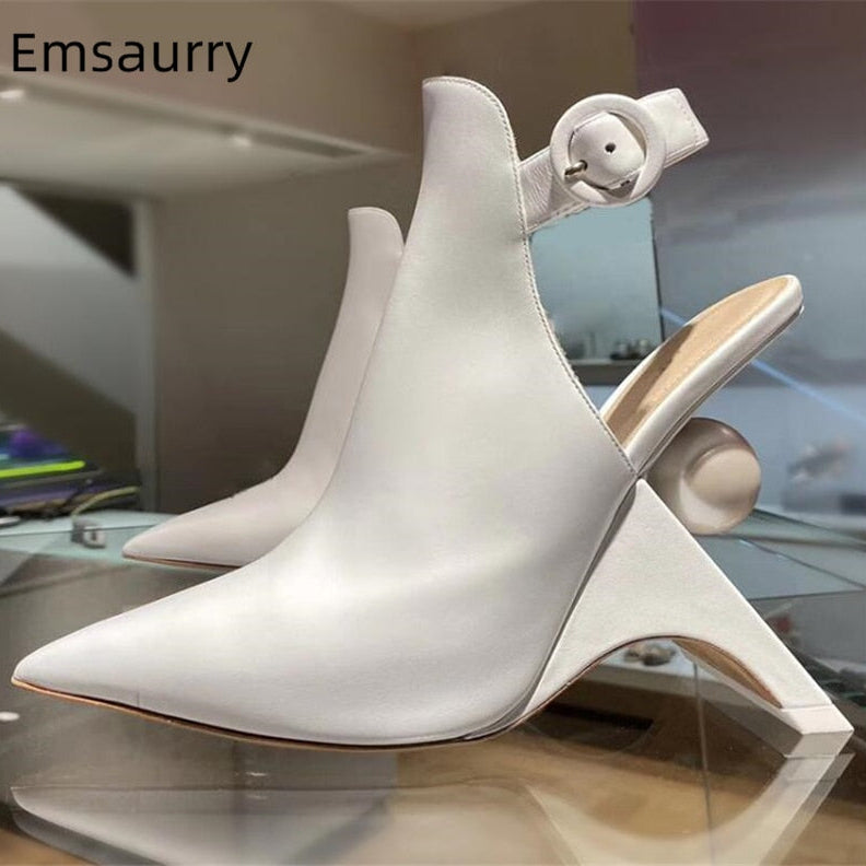 Novelty Fretwork Heel Runway Boots Women Sexy Point Toe Slingbacks With Buckle Belt Pearl Decor High Heel Botas Mujer