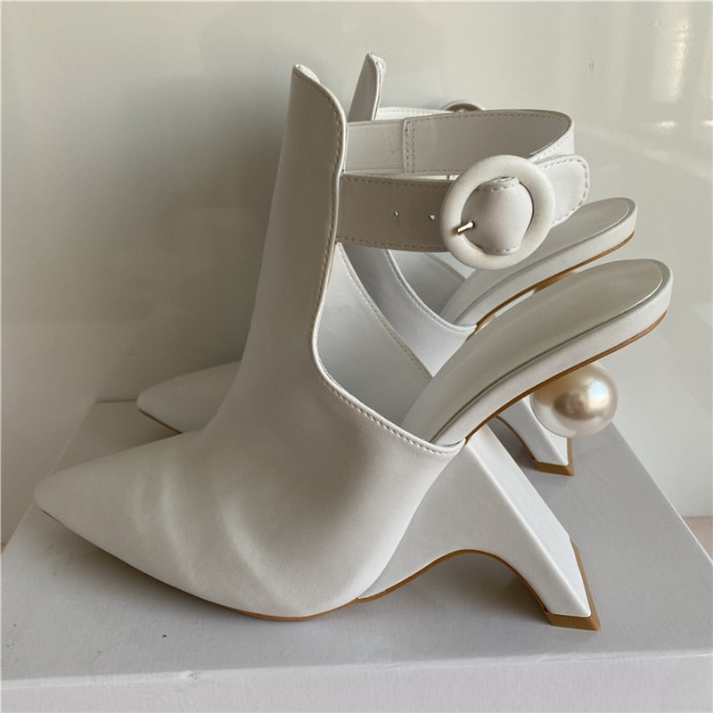Novelty Fretwork Heel Runway Boots Women Sexy Point Toe Slingbacks With Buckle Belt Pearl Decor High Heel Botas Mujer White