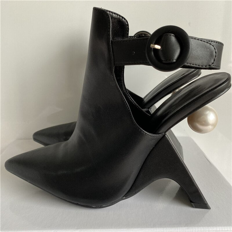 Novelty Fretwork Heel Runway Boots Women Sexy Point Toe Slingbacks With Buckle Belt Pearl Decor High Heel Botas Mujer Black