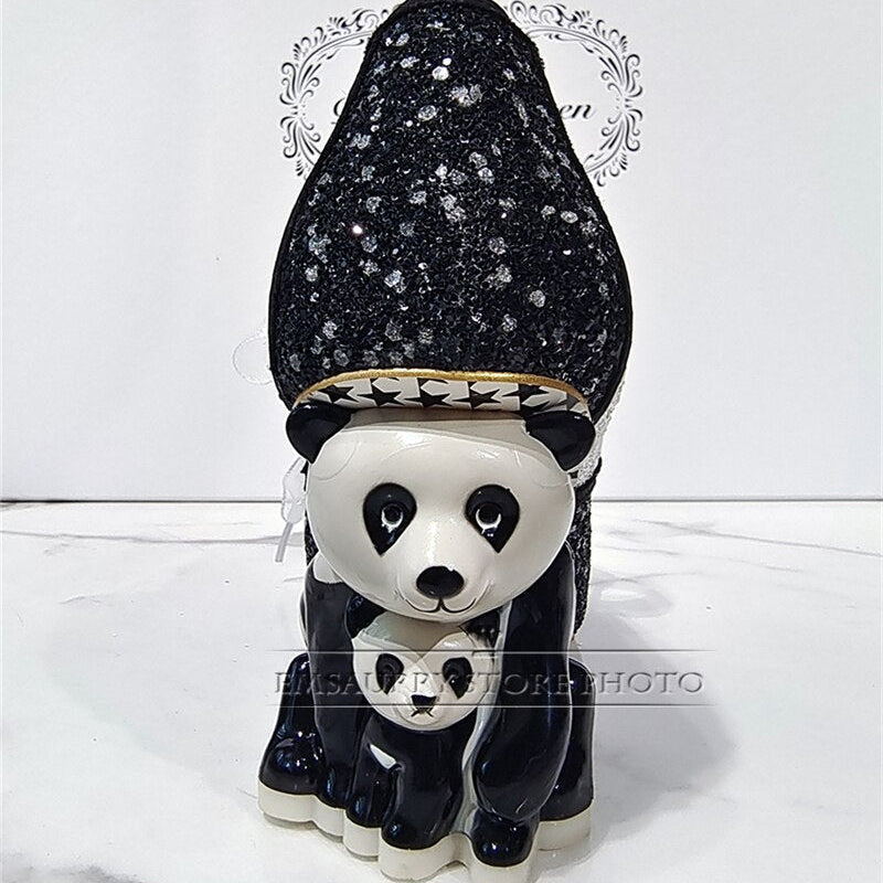 Novelty Panda-Shaped Strange Heel Banquet Shoes Woman Round Toe Platform Ribbon Lace-Up Sequins Pumps Women Spring