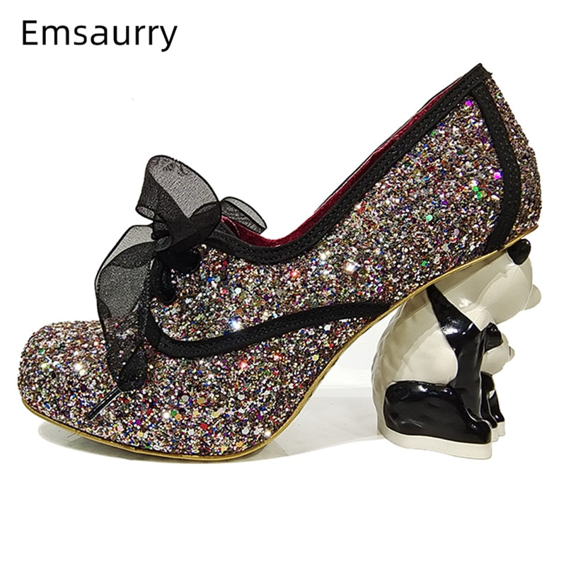 Novelty Panda-Shaped Strange Heel Banquet Shoes Woman Round Toe Platform Ribbon Lace-Up Sequins Pumps Women Spring AMAIO