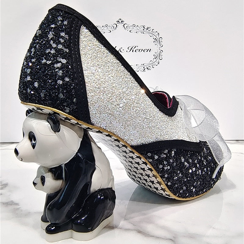 Novelty Panda-Shaped Strange Heel Banquet Shoes Woman Round Toe Platform Ribbon Lace-Up Sequins Pumps Women Spring Black White Mixed