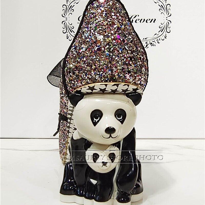 Novelty Panda-Shaped Strange Heel Banquet Shoes Woman Round Toe Platform Ribbon Lace-Up Sequins Pumps Women Spring
