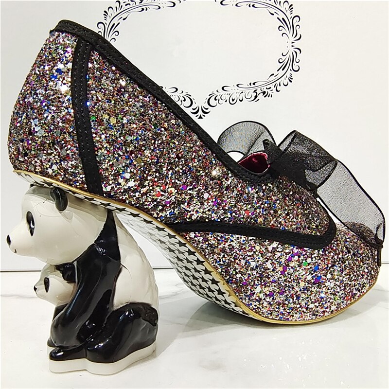 Novelty Panda-Shaped Strange Heel Banquet Shoes Woman Round Toe Platform Ribbon Lace-Up Sequins Pumps Women Spring Colorful