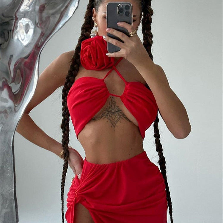 Nsauye Summer Casual Beach Holiday High Split Sexy Skirt Suit Women Halter Crop Tops Long Fashion Club Party Skirt Two Piece Set