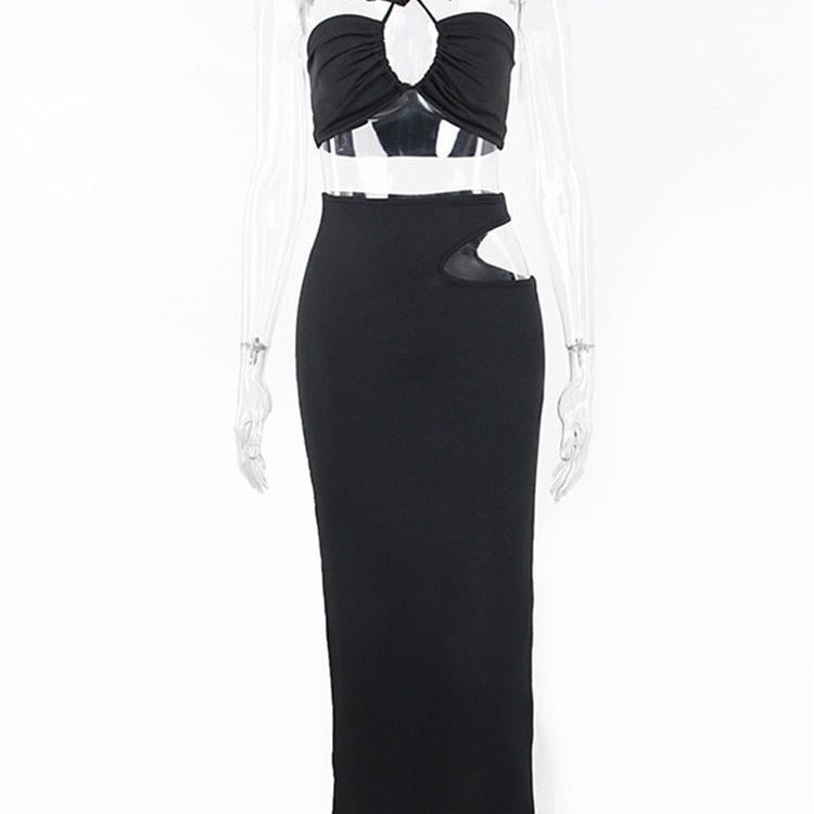 Nsauye Summer Casual Beach Women Sexy Club Skirt Suit Hollow Out Skinny Halter Crop Tops And Long Wrap Skirt Two Piece Set 2024