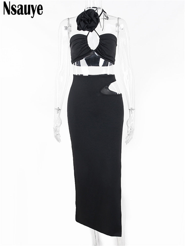 Nsauye Summer Casual Beach Women Sexy Club Skirt Suit Hollow Out Skinny Halter Crop Tops And Long Wrap Skirt Two Piece Set 2024