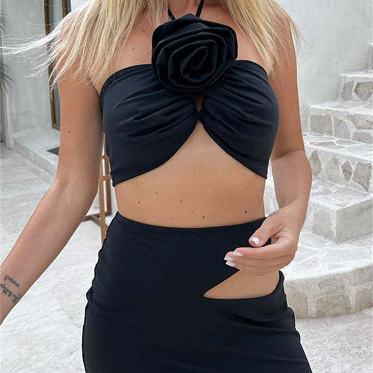 Nsauye Summer Casual Beach Women Sexy Club Skirt Suit Hollow Out Skinny Halter Crop Tops And Long Wrap Skirt Two Piece Set 2024